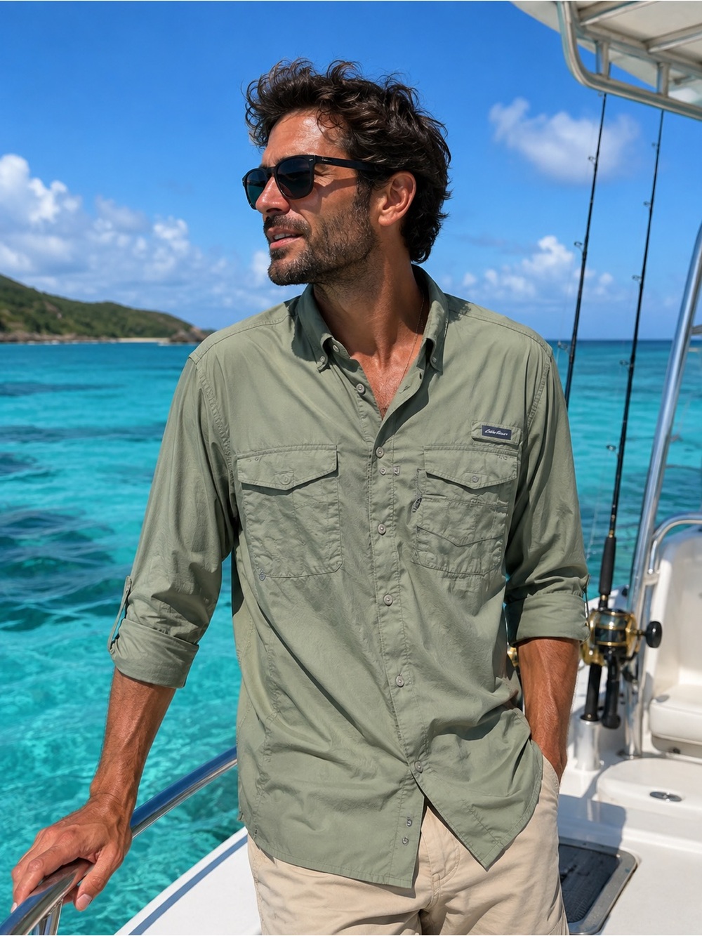 MEN'S EDDIE BAUER Olive Green Button Front Fishing Performance Shirt, TXL